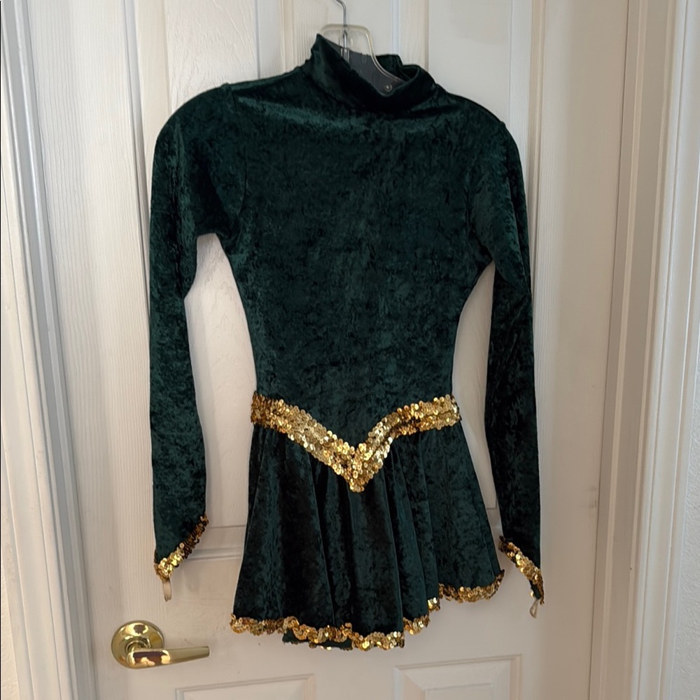 Green Velvet skating/dance Dress with Gold Sequin Trim